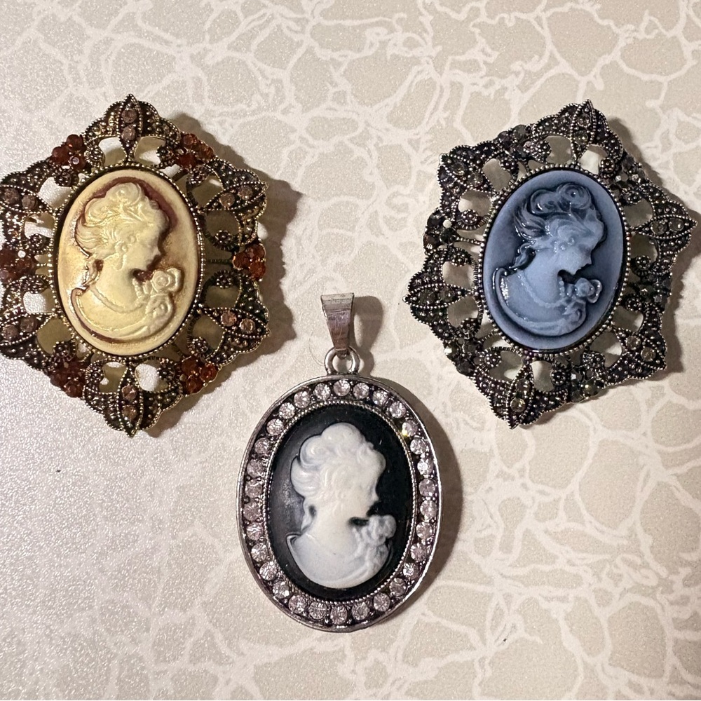 Set of 3 Cameo style Brooch and pendant Set - Gold, Silver, and Black